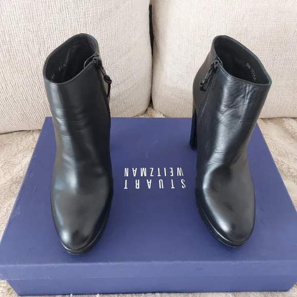NEW! Stuart Weitzman Black Leather Ankle Boots - Picture 2 of 5